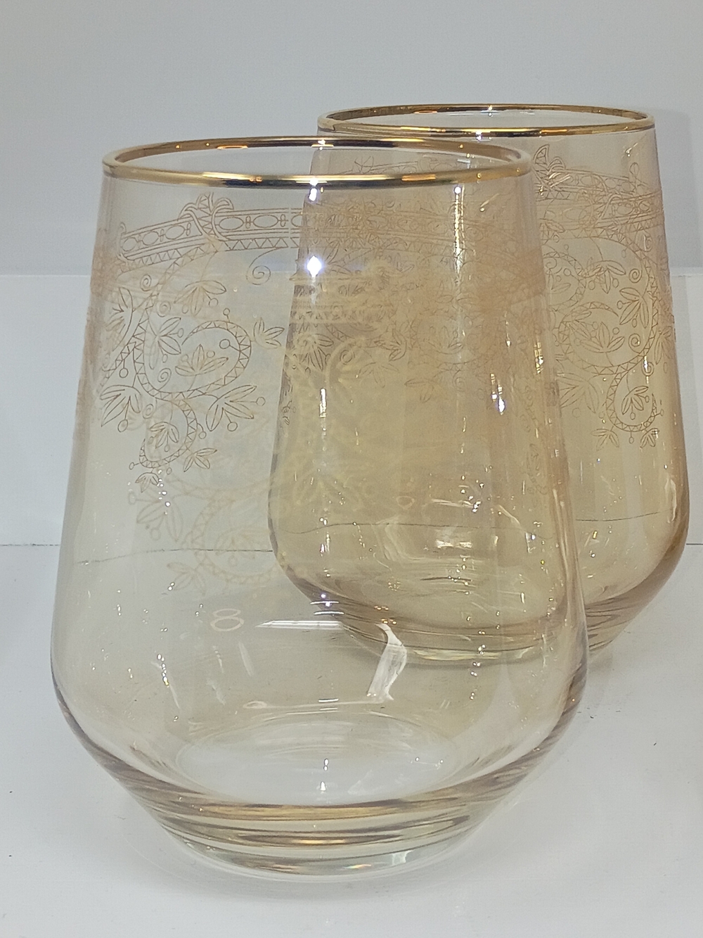 Set of 4 Libbey Vintage Amber Etched Glass Tumblers with Gold Rim
